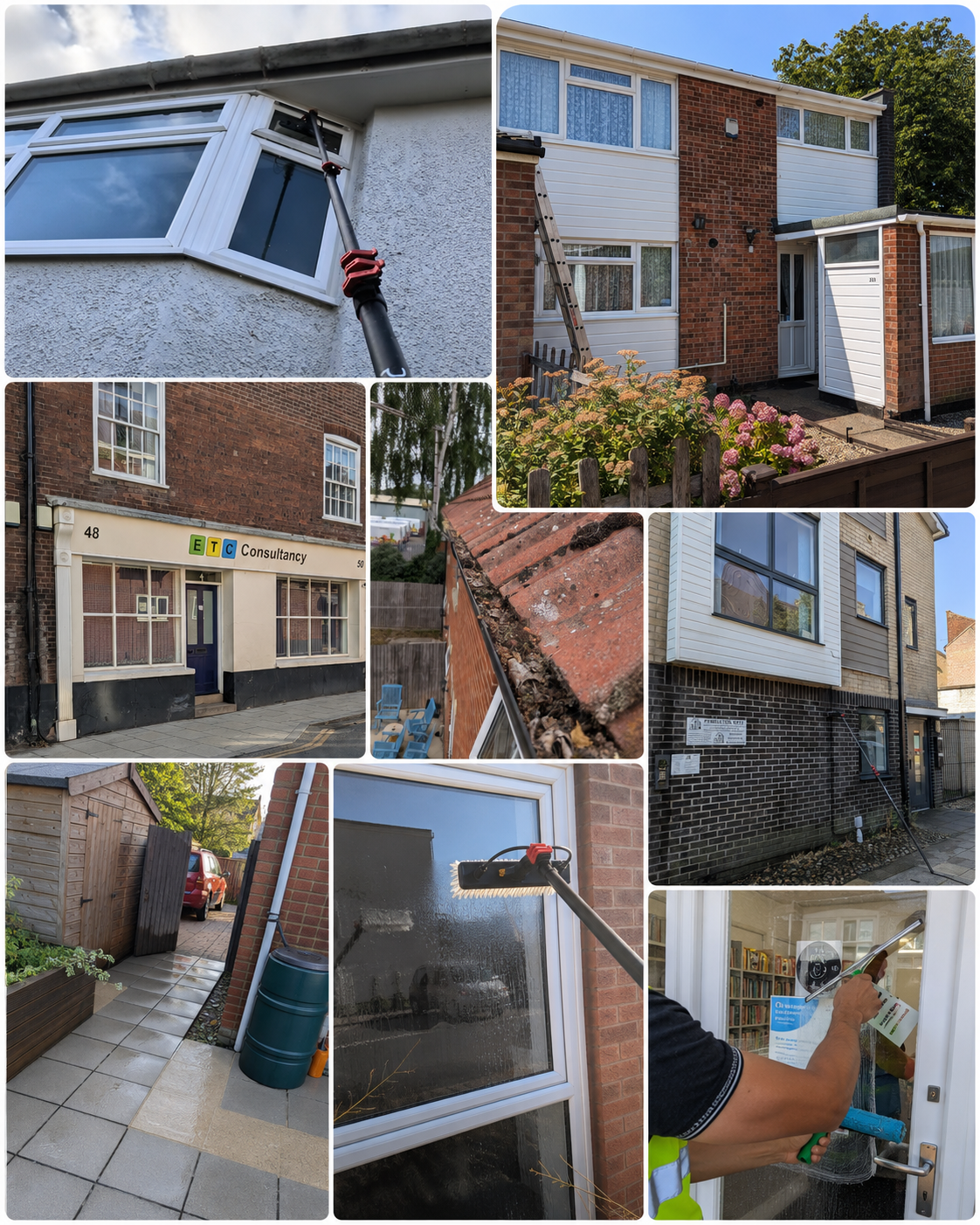 Collage of Hamblin Property Care work including residential window cleaning, commercial window cleaning, gutter clearing, patio and exterior cleaning